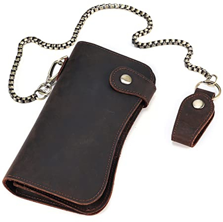 JOYIR Vintage Brown Crazy Horse Leather Wallet for Men with Detachable Chain, RFID Blocking Biker Long Wallet Holds Phone, Cash & 14+ Cards, Retro Motorcycle Rfid Wallet