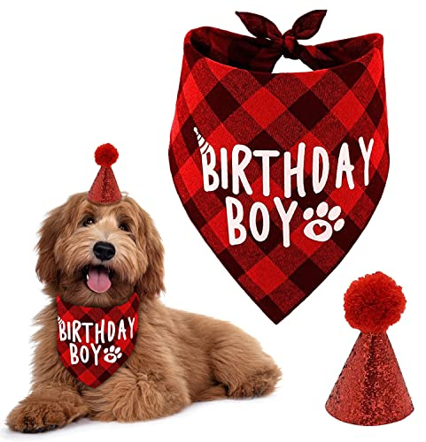 Pañuelo de cumpleaños para Perro, Suministros de Fiesta de cumpleaños para Mascotas, Bufanda para Perro con Bonito Sombrero de cumpleaños para Perros pequeños y medianos, Disfraces de Gatos (Rojo)