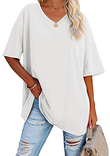 Ebifin T-shirt surdimensionné pour femme avec col en V, manches courtes, décontracté, basique, pour l'été