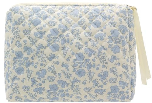 PAZIMIIK Quilted Makeup Bag Large Travel Zipper Soft Cosmetic Pouch for Women Girls Make Up,Little Flower Blue