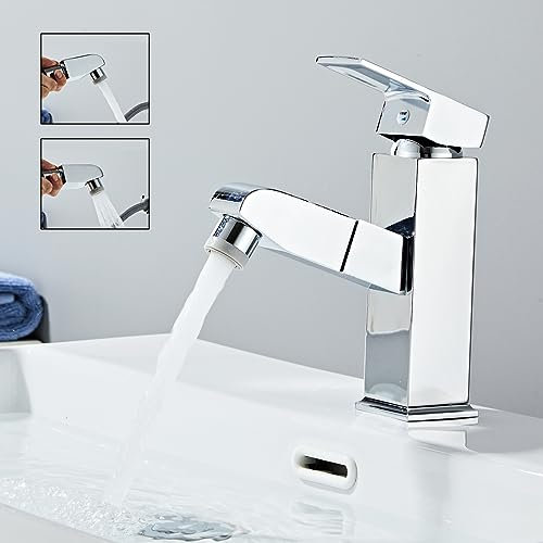 Sumeber Rubinetto da bagno con rivestimento estraibile, rubinetto per lavabo alto, con 2 tipi di getto, rubinetto, in acciaio inox, per bagno, colore nero opaco, Quadrato Argento