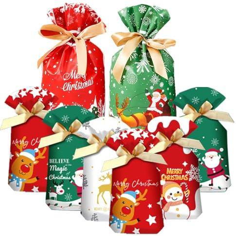 34 Stück Weihnachtsgeschenkbeutel in verschiedenen Größen, Weihnachtsbeutel mit Kordelzug für Geburtstage und Weihnachtsfeiern