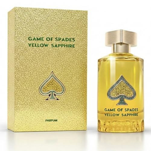 Jo Milano Game of Spades Yellow Sapphire Parfum Spray | 3.4 oz (100ml) | Amber, Sweet, Musky, Rose, Oud, Floral Scent | Long Lasting Fragrance for Men and Women (Unisex)