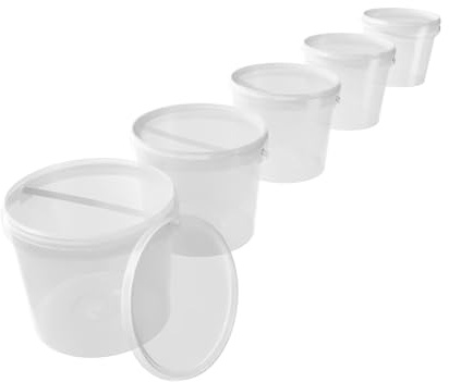 5X Eimer mit Deckel 5l Transparent Rund | Kunststoff Lebensmittelecht, Luftdicht und Stabil mit Griff | für Lebensmittel, Chemie, Waschpulver, Klebstoffe Geeignet