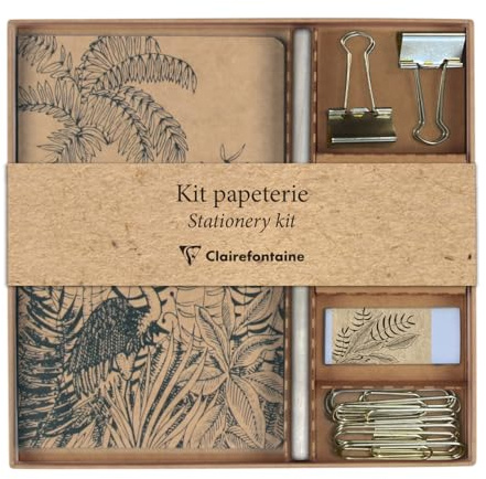 Clairefontaine 116046C - Un Kit de Papeterie contenant un Carnet 11x17 cm 64 Pages Lignées, un Crayon de Papier, 2 Pinces doubles-clip, 10 Trombones et une Gomme - Collection Le Cerisier Blanc