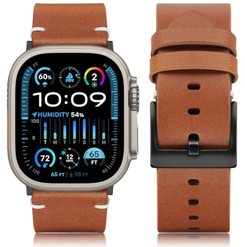 HITZEE Cuir Bracelets Compatible avec Bracelet Apple Watch 49mm 46mm 45mm 44mm 42mm, Bracelet de Cuir Véritable Vintage Compatible pour Apple Watch Ultra 2 SE2 SE Série 10 9 8 7 6 5 4 3, Marron