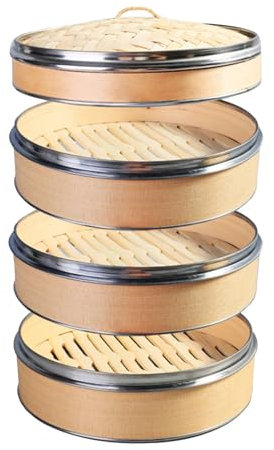 AIZYR Panier À Vapeur en Bambou,Cage À Vapeur pour Dim Sum Cage À Vapeur À Trois Couches Boulettes, Dim Sum, Légumes, Vapeur De Poisson Ustensiles De Cuisine,24cm