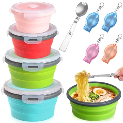 4 Sets Large Camping Bowl with Lid 11.8 oz to 41 oz Collapsible and Foldable Fork Silicone Lunch Box Salad Bowl Expandable Food Storage Container Travel for Hiking Camping