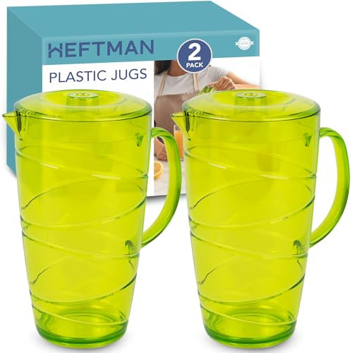 HEFTMAN Green Plastic Jugs 2 Litre - 2 Pack Plastic Jug with Lid & Vented Spout, Ideal as Water Jug for BBQ's, Cocktails, Parties, Camping & Everyday Indoor/Outdoor Use - Pack of 2