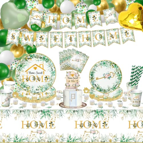 181 Pieces Housewarming Party Decorations - Including House Party Plates, Napkins, Cups, Balloons, Birthday Banner, Cake Topper and Tablecloth for Welcome Home New Home Decoration Supplies