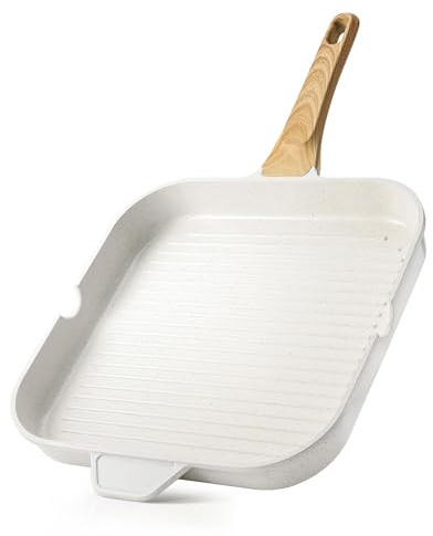 SENSARTE Nonstick Ceramic Grill Pan for Stove Tops, Square Grilling Pan with Pour Spouts, Non Toxic Durable Grill Skillet for All Stoves(Gas,Electric,Induction) PTFE,PFAS,PFOA Free, 12Inch (White)