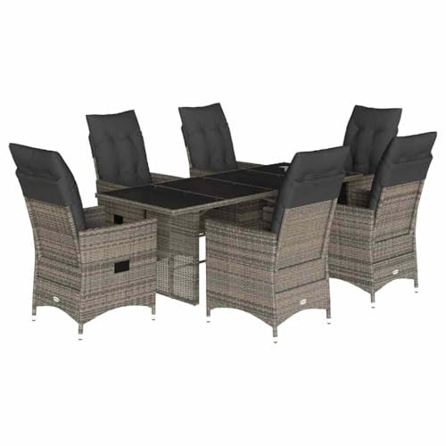 vidaXL 7-TLG. Garten-Essgruppe mit Kissen Grau Poly Rattan
