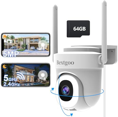 Bextgoo 5MP Telecamera Wi-Fi Esterno con Scheda 64G, Videocamera Sorveglianza Esterno WiFi 2.4/5G, Telecamera 360 Gradi, AI Tracciamento Automatico, Rilevamento Movimento, Visione Notturna Colori