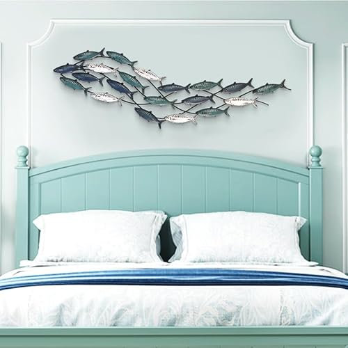 Wanddekoration aus Metall, Fisch, 3D-Fisch-Wandskulptur, großer Schwarm von 20 Fischen, Wandkunst für Wohnzimmer, Schlafzimmer, Strand- oder Bootsdekor