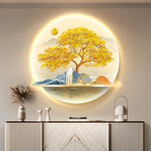 Decorazione da Parete Mucca da mungere Arte da Parete Decorazione da Appendere Paesaggio Cinese Decorazione da Parete Arte a LED Albero della Vita Rotondo Albero genealogico Scultu
