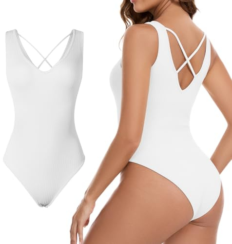 Nabawa Ribbed Bodysuit for Women Tummy Control Sleeveless Shapewear Bodysuit,White,S
