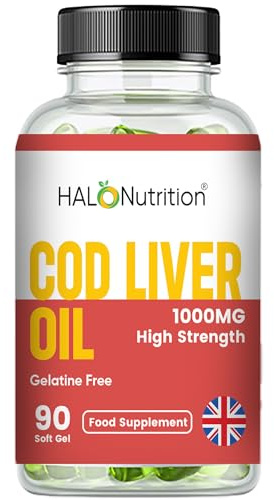 Cod Liver Oil Capsules high Strength 1000mg, 90 Capsules of High Strength Fish Oil, Rich in Omega 3. Supports Heart Health, Brain Health, Eye Health and Normal Blood Pressure Made in UK