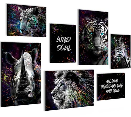 Novart Bilder Afrika Tiere Streetart - KOMPLETT AUFHÄNGFERTIG - Schwarz Wohnzimmer Schlafzimmer Flur - 7 Moderne Mood-Bilder - N037672a