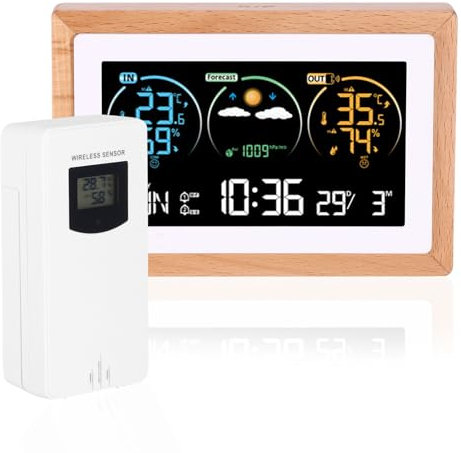Weather Station with Outdoor Wireless Sensor, Wireless LCD Display Digital Weather Station for Home, Dual Alarms, Date Time, Temperature, Humidity, Barometer, Weather Forecast