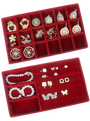 Nwvuop 2 Pack Schmuck Organizer Tablett, Stapelbare Samt Schmucktabletts Ohrring Organizer für Schublade, Schmuckaufbewahrung für Ring, Ohrring, Halskette, Rot