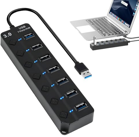 7-Port USB 3.0 Hub with Individual Switches & Lights,Portable 7 Port USB Splitter with 1FT Extended Cable,Multiple Port USB Adapter Extension High-Speed Data Hub for PC, Laptop, Printer and More