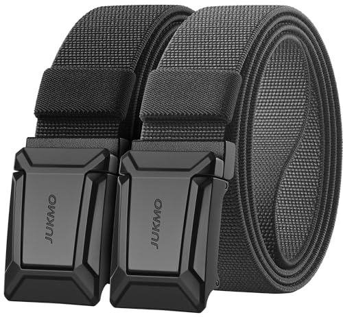 JUKMO Stretch Tactical Belt for Men,2 Pack Military Work Rigger Hiking 1.5 Elastic Nylon Web Ratchet Quick Release Belt in Gift Box (Black+Grey, Small)