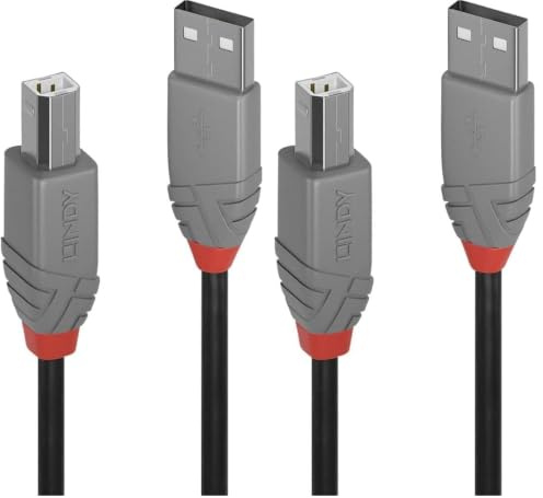 Lindy - Cavo USB 2.0 Tipo A a USB Tipo B, Cavetto USB Anthra Line 2 Metri, Tipo Maschio A/B, Velocità di Trasferimento Dati Speed Fino a 480Mbps per Tastiera, Stampante, Fotocamera, Hard Disk