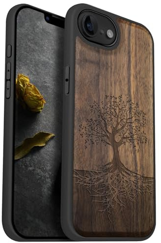 Carveit Étui en Bois pour iPhone 16e / 17e, (Noyer-Arbre avec Racines) | Bois Étui de Magnétique Téléphone Antichoc TPU, Protection Case Compatible Magsafe pour iPhone 17e / 16e Coque