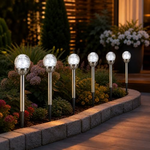 Fabulouz Solar Garden Lights Outdoor, 6 Pack Crackle Glass Ball Stake Lights, 8cm White LED Solar Pathway Lights with Stainless Steel Stakes, Auto On/Off Decorative Patio Border Lights