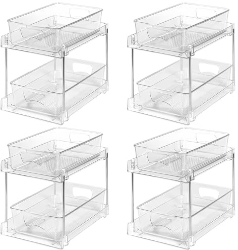 Clear Bathroom Organizers Stackable 2-Tier Kitchen Pull Out Under Sink Cabinet Storage Container Reusable Vanity Countertop Sliding Drawers Storage Unit for Pantry Skincare Spices (4 Pack)