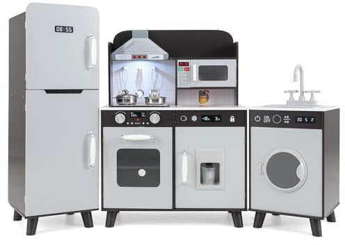 DREAMADE Cuisine Enfant, Cuisine en Bois avec Lumières et Sons, Machine à Laver, Hotte Aspirante, Machine à Glaçons, Cuisinière, Evier, Micro-Ondes, Ustensiles, pour Enfants de 3+ Ans (Marron)