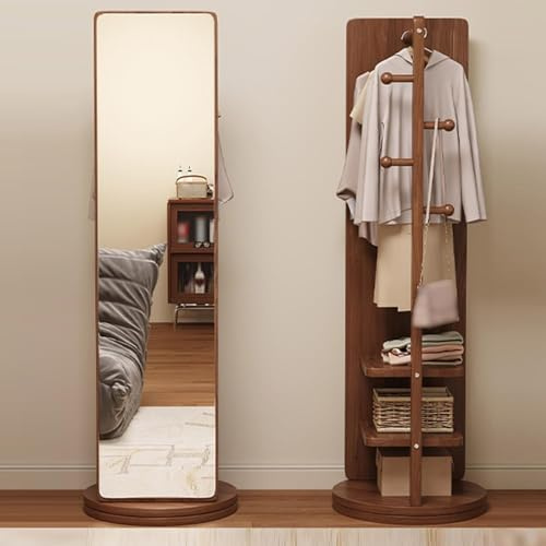 Specchio a figura intera con appendiabiti, girevole a 360° in legno massello, grande specchio da toeletta 2 in 1, autoportante, con ganci per appendere, per soggiorno, camera da letto, appartamento