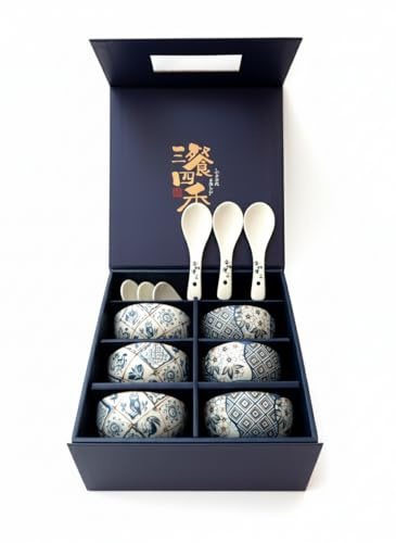 Set of 6 Ceramic Bowls with 6 Spoons – 300ml Japanese Style Floral Dishes for Ramen, Pasta, Cereal, Snacks, Dessert – Gift Boxed – Microwave & Dishwasher Safe (PatternPrint)