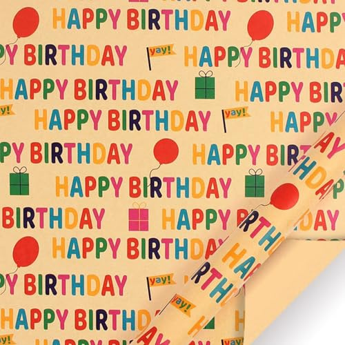 Geschenkpapier Geburtstag Rolle, Happy Birthday Geschenkpapierrolle 43 cm x 10 m Geschenkpapierrolle Kraftpapier Geschenk Papier für Geburtstage Partys Babypartys