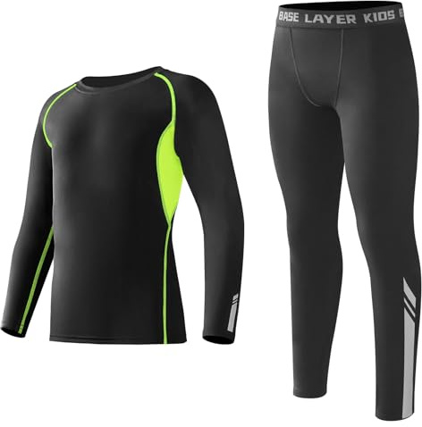 Startseite Base Layer Kids - Athletic Breathable Kids Thermals with Reflective Strips Long Sleeve Compression Base Layer Set, Fleece Lined Football Skins for Football Hockey Sports,Black
