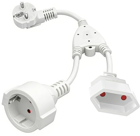 2-in-1 Schuko Verlängerung, 1,5M Verlängerungskabel Flachstecker, Flachstecker Verlängerung, Stromkabel 16A/250V, Weiß, H05VV-F 3G 1,5 mm²