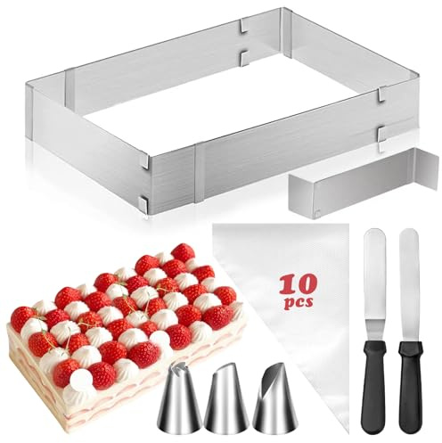 ZUPAPJO Cadre Patisserie Rectangulaire Extensible, Cadre Patisserie en Acier Inoxydable, Moule Rectangulaire Patisserie avec 2 Spatule & Douille Patisserie pour Petits et Grands Gâteaux et Tartes