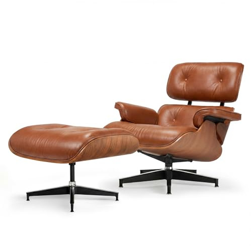 Asukale Leder Relaxsessel mit Hocker, Moderner Sessel Wohnzimmer, Drehbarer Chaiselongue mit Ottomane, Fester Neigungswinkel von 105°, TV-Sessel mit Gepolstertem Kissen, Braun (Verbesserte)