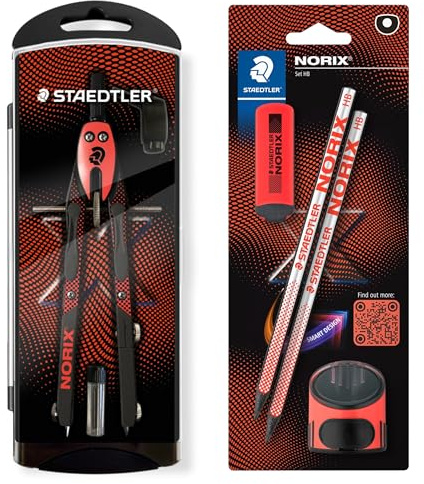 STAEDTLER NORIX Set Schnellverstellzirkel, Blisterkarte mit 2 Bleistiften HB, Radierer und Einzelspitzdose, koralle