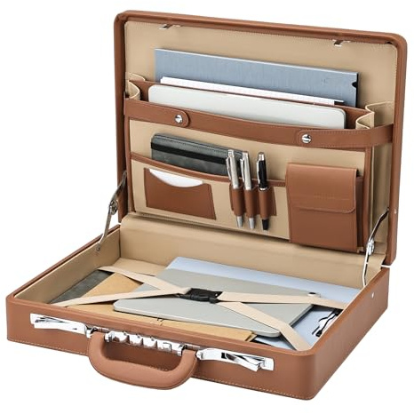 Briefcases for Men, Carrying Case Document Professional Leather Briefcase with Lock, Business Brief Case for 16 Inch Laptop Documents, Durable Executive Attache Case for Work Office Travel, Brown