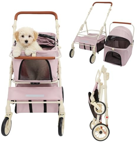 BRRIDE Passeggino per cani 2 in 1, pieghevole fino a 15 kg, con manico regolabile in altezza, ruote in gomma a 360°, passeggino per cani di piccola taglia e gatti (rosa)
