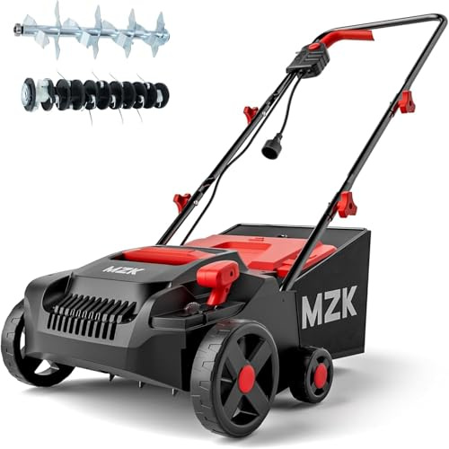 MZK Elektro-Vertikutierer & Rasenlüfter, 33 cm Arbeitsbreite, 13-Ampere-Motor, 4-stufige Höhenverstellung, 30L Fangkorb, 2-in-1 Vertikutierer für einen gesunden Rasen