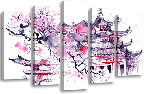 Feeby Bilder Japanischer Kirschbaum XXL 200x100 cm 5 Teilig Modern Bild auf Leinwand Wandbilder Kunstdruck Wanddeko Wohnzimmer Schlafzimmer Flur Büro Design Abstrakt Natur Lila