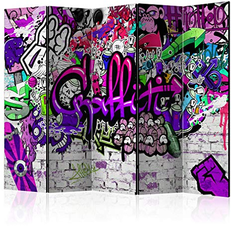 decomonkey Paravent Raumteiler Innen Graffiti, 225x172 cm, 5-teilig, Ziegel | Beidseitig, Wohnzimmer, Room Divider, Wall, Raumteiler Stehend, Trennwand, Sichtschutz, Spanische Wand, Sichtschutzwand, Holz