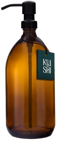 Kuishi Braunglas-Pumpflasche mit Edelstahlpumpe [1000 ml, Schwarze Pumpe], Braunglas-Seifenspender, nachfüllbare Braunglasflaschen, ideal für Handwäsche, Shampoo, Spülung, Duschgel (BPA-frei)
