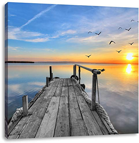 Pixxprint schöner Steg mit Möwen, Größe: 70x70 cm, Leinwandbild Quadratisch, Wandbild, Kunstdruck, fertig bespannt