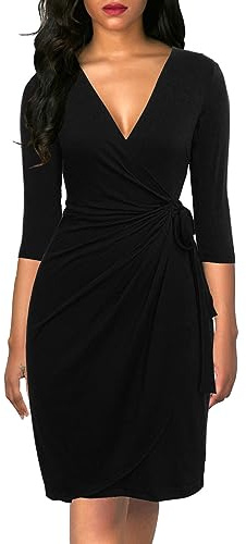 Berydress Women's Vintage 3/4 Sleeve V-Neck Knee-Length Sheath Draped Belt Faux Black Wrap Dress (XL, 6083-Black)