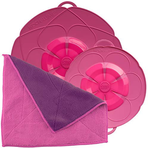 Kochblume Saver Set for Pots from 14 to 24 cm with Microfibre Cloth in Pink Box Silicone Boil Over Protection for Pots and Pans Pink