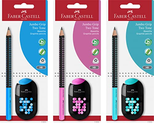 Faber-Castell 111914 - Bleistiftset Jumbo Grip Two Tone, 1 Set, inklusive Two Tone Doppelspitzdose mit Radierer, 3 Farben sortiert (keine Auswahl möglich)