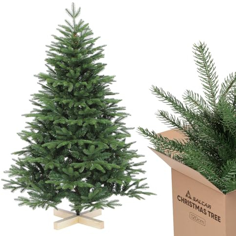 SALCAR Arbol de Navidad Artificial 120 cm, Árbol de Navidad con Guantes y 348 PE&PVC Puntas de Rama, Pino de Navidad con Soporte de Madera, Montaje Rápido, Ignífugo, Abeto